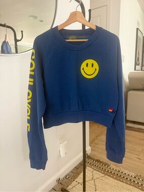 Aviator Nation Navy Crewneck with Yellow Smiley and Sleeve Script (Soul Cycle)